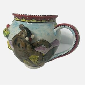 Studio Art Pottery Small Pitcher 3D Animals Leaves Folk Art Hand Painted Signed